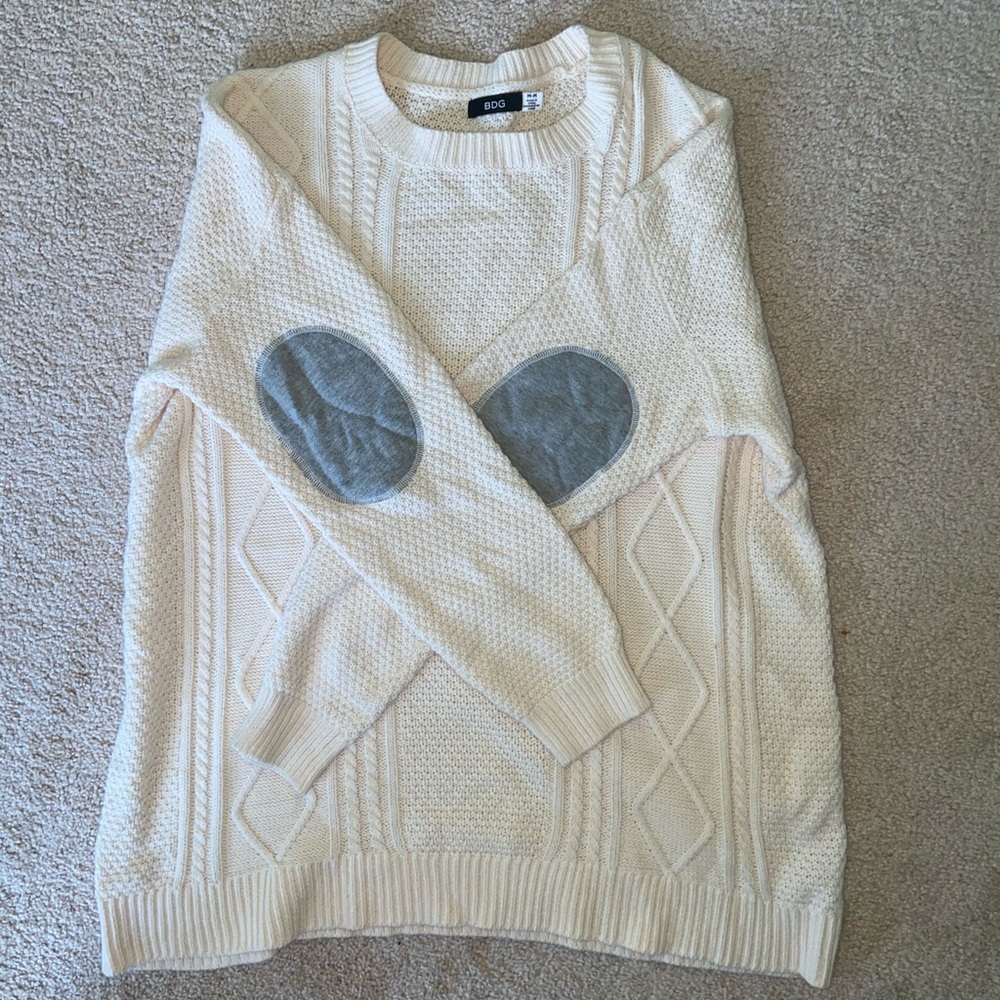 BDG white knit sweater with elbow patch